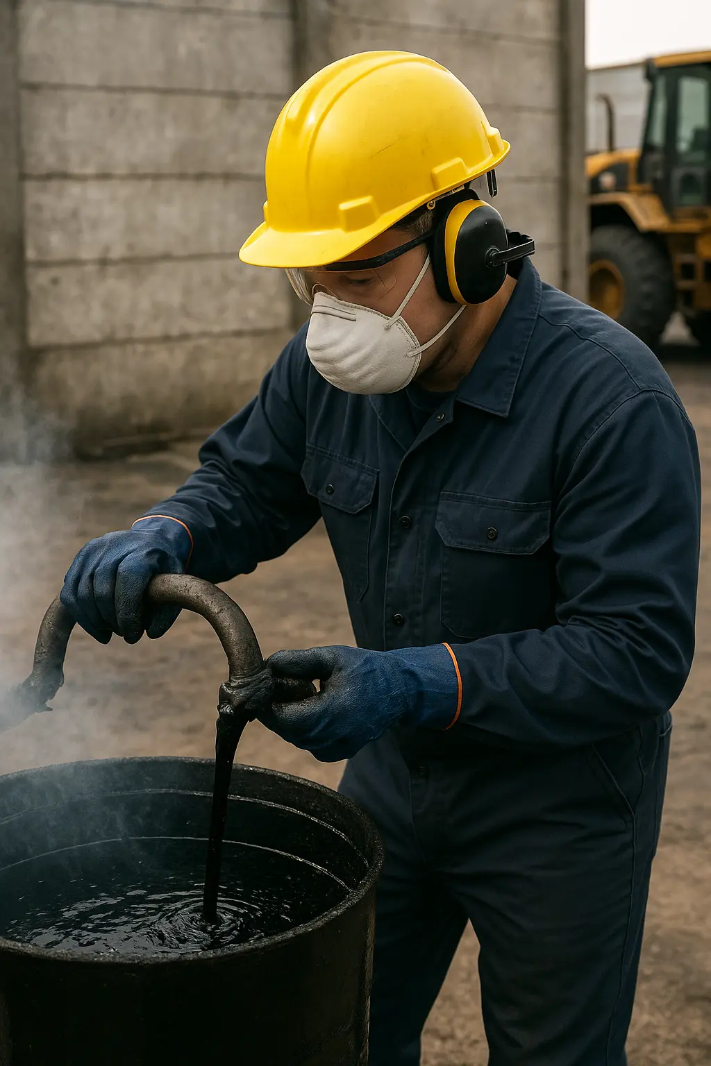 Construction worker in safety gear handling Bitumen 120/150 during road paving